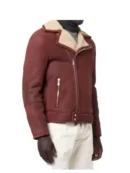 Asymmetrical Shearling Jacket for Men in Rich Burgundy Leather