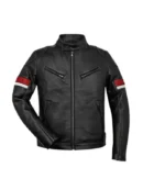 Men's Black Cafe Racer Jacket Red & White Striped Leather Design