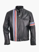 Mens Striped Black Leather Motorcycle Jacket