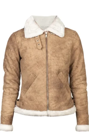 White Shearling B-3 Leather Bomber Distressed Beige Jacket