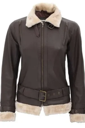 Dark Brown Aviator Jacket with Shearling Collar for Women