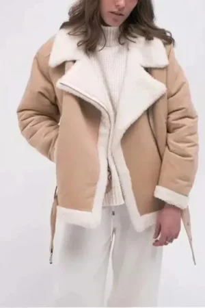 Women’s Shearling Sheepskin Aviator Beige Leather Jacket