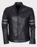 Men Blue Stripe Mayhem Retro Black Leather Biker Jacket