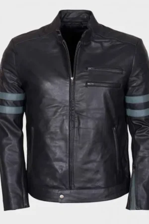 Men Blue Stripe Mayhem Retro Black Leather Biker Jacket